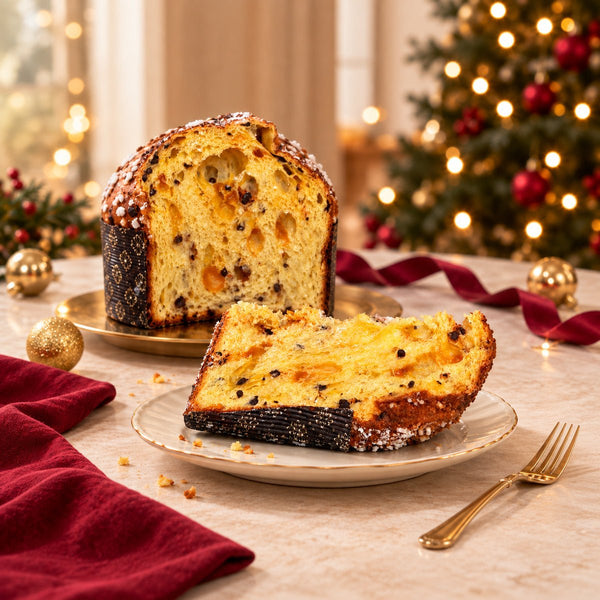 Panettone albicocca e cioccolato Librizzi Deluxe di SicilyAddict, servito a fette su una tavola natalizia