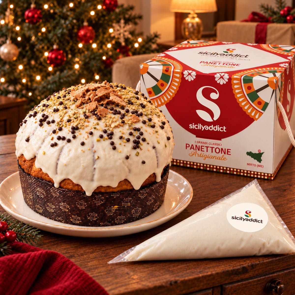 Panettone al cannolo siciliano accanto alla confezione regalo e alla crema separata.