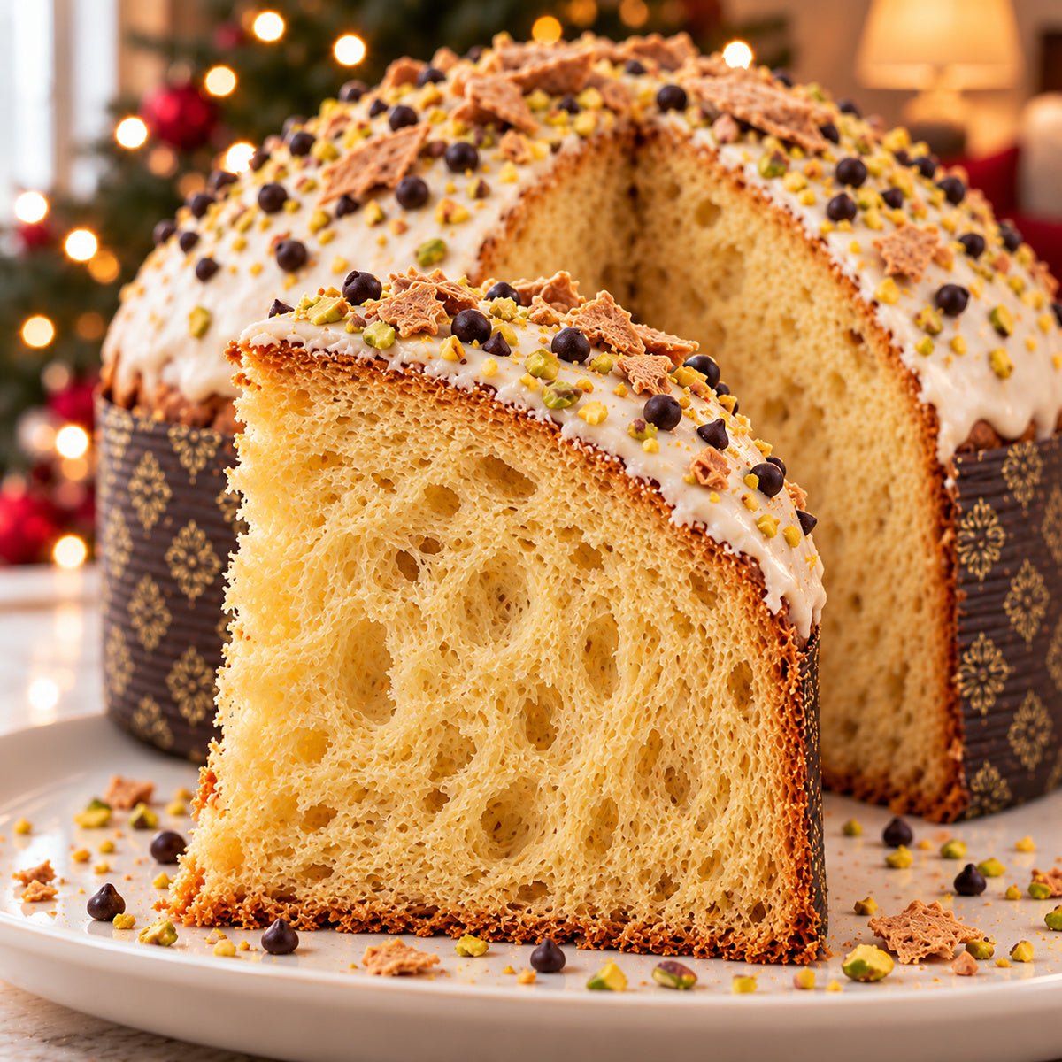 Panettone al cannolo siciliano con dettaglio dell’interno e dell’alveolatura.