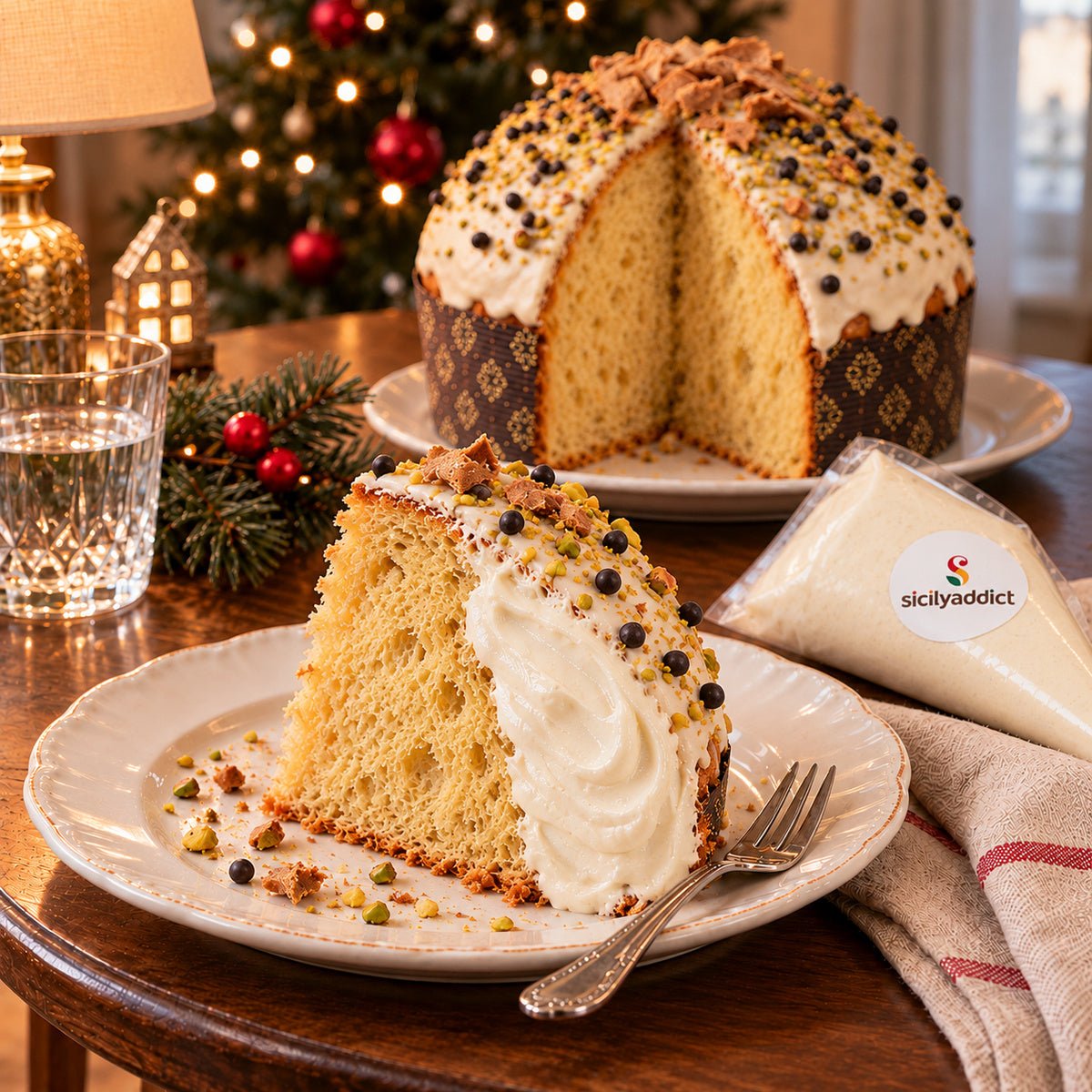 Panettone al cannolo siciliano con una fetta guarnita di crema in primo piano.