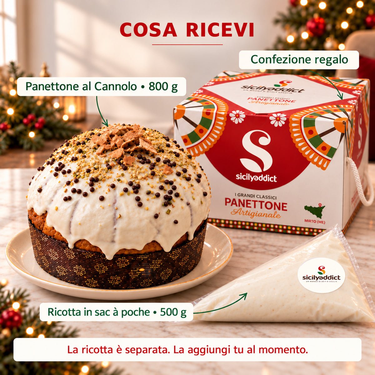 Infografica del contenuto della confezione: panettone al cannolo siciliano con crema separata e scatola regalo.