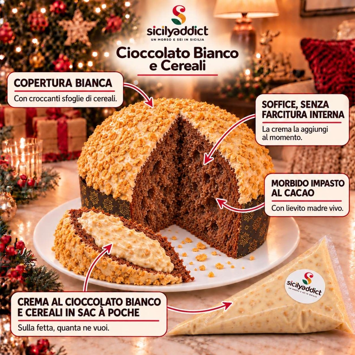Panettone artigianale al cioccolato bianco e cereali ciokocereali - SicilyAddict