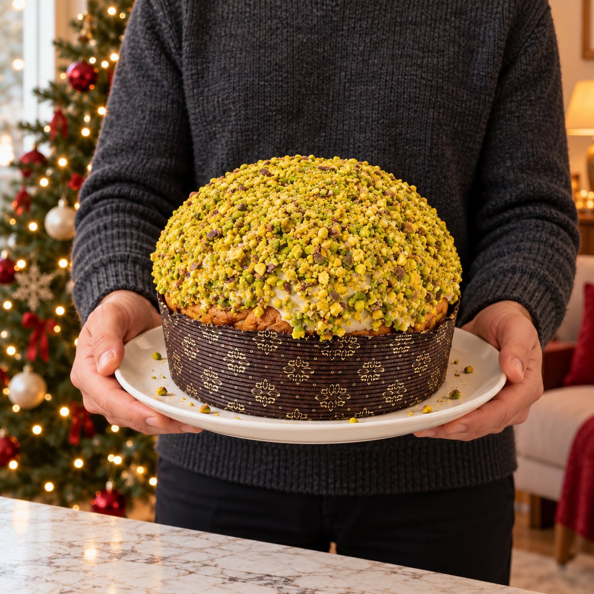 Panettone al Pistacchio tenuto in mano davanti alla tavola natalizia.