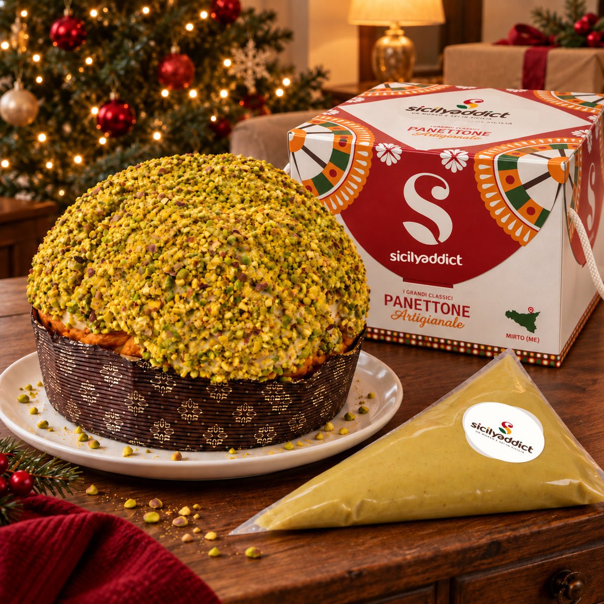Panettone al Pistacchio accanto alla confezione regalo e alla crema separata.