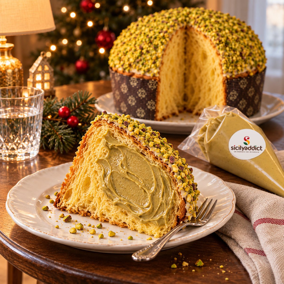 Panettone al Pistacchio con una fetta guarnita di crema in primo piano.