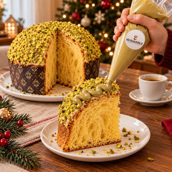 Panettone al Pistacchio con crema aggiunta al momento su una fetta.