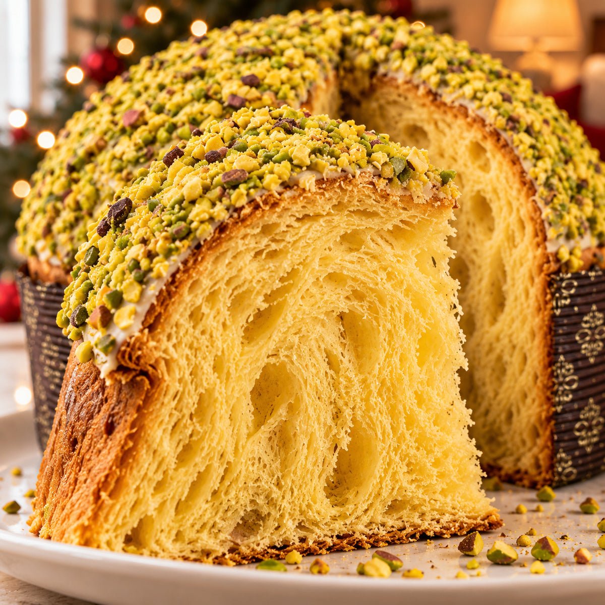 Panettone al Pistacchio con dettaglio dell’interno e dell’alveolatura.
