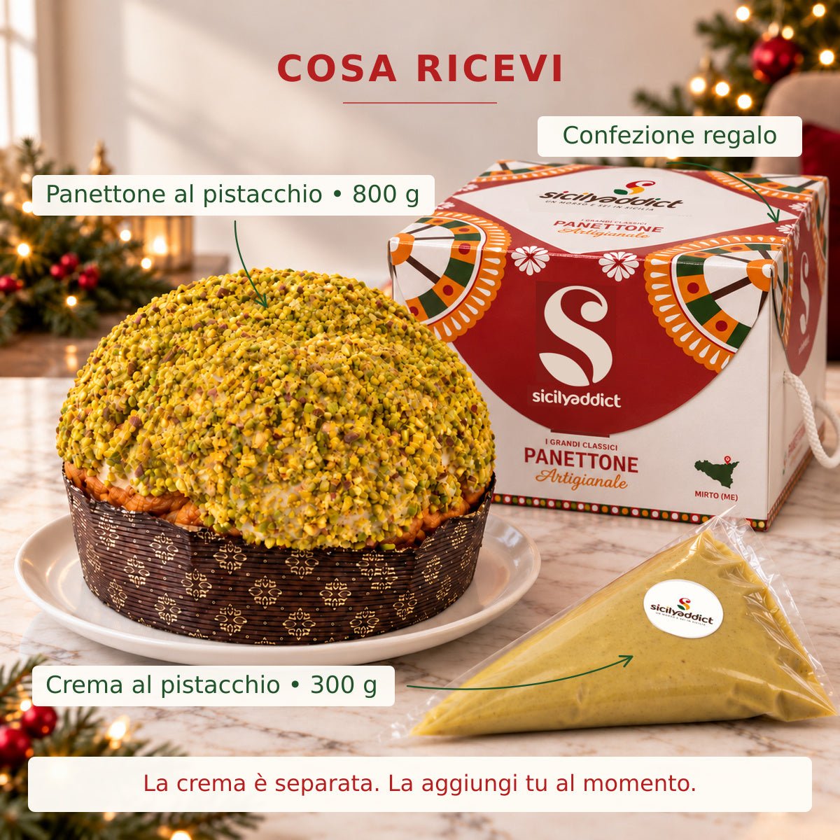 Infografica del contenuto della confezione: panettone al pistacchio con crema separata e scatola regalo.