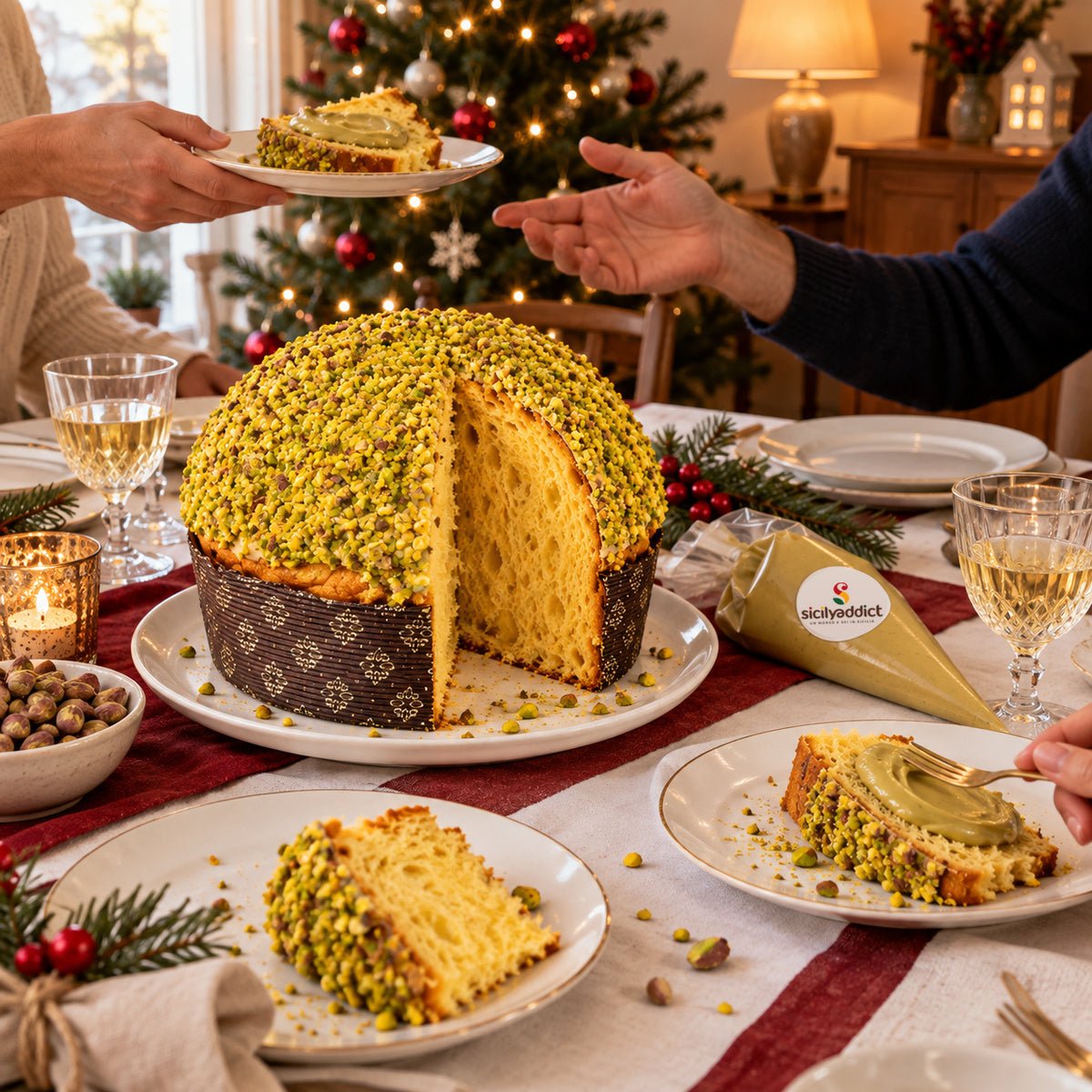 Panettone al Pistacchio servito su una tavola apparecchiata per Natale.