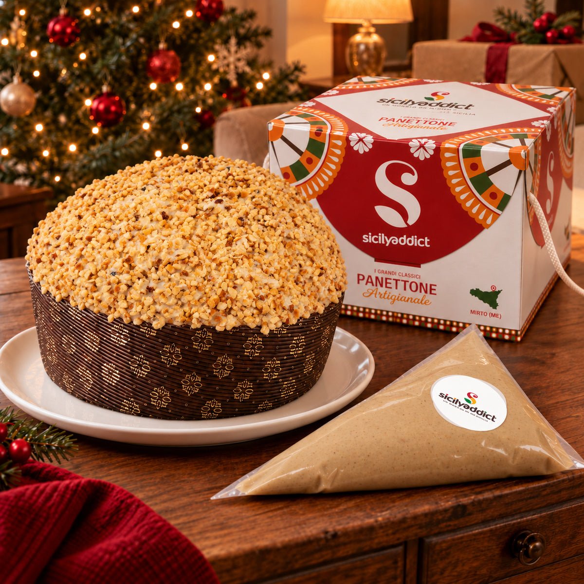 Panettone alla Nocciola accanto alla confezione regalo e alla crema separata.