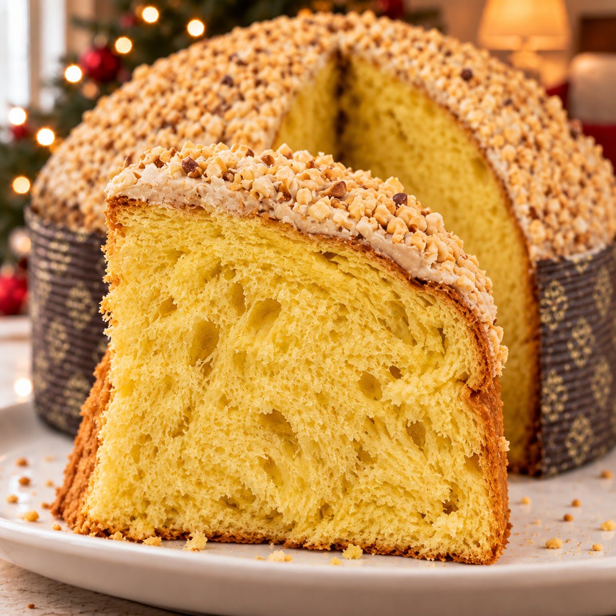 Panettone alla Nocciola con dettaglio dell’interno e dell’alveolatura.