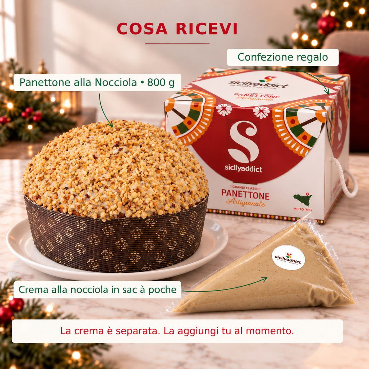 Infografica del contenuto della confezione: panettone alla nocciola con crema separata e scatola regalo.
