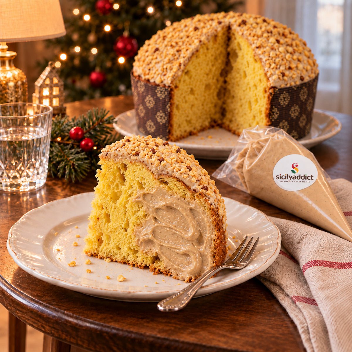 Panettone alla Nocciola con una fetta guarnita di crema in primo piano.