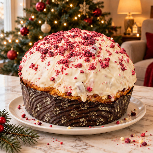 Panettone Frutti di Bosco e Cioccolato Bianco intero su un piatto, con decorazioni natalizie sullo sfondo.