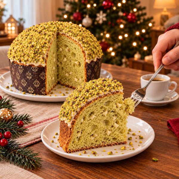 Panettone Pistacchio e Gocce di Cioccolato Bianco con una fetta servita su un piatto, accanto al dolce tagliato.