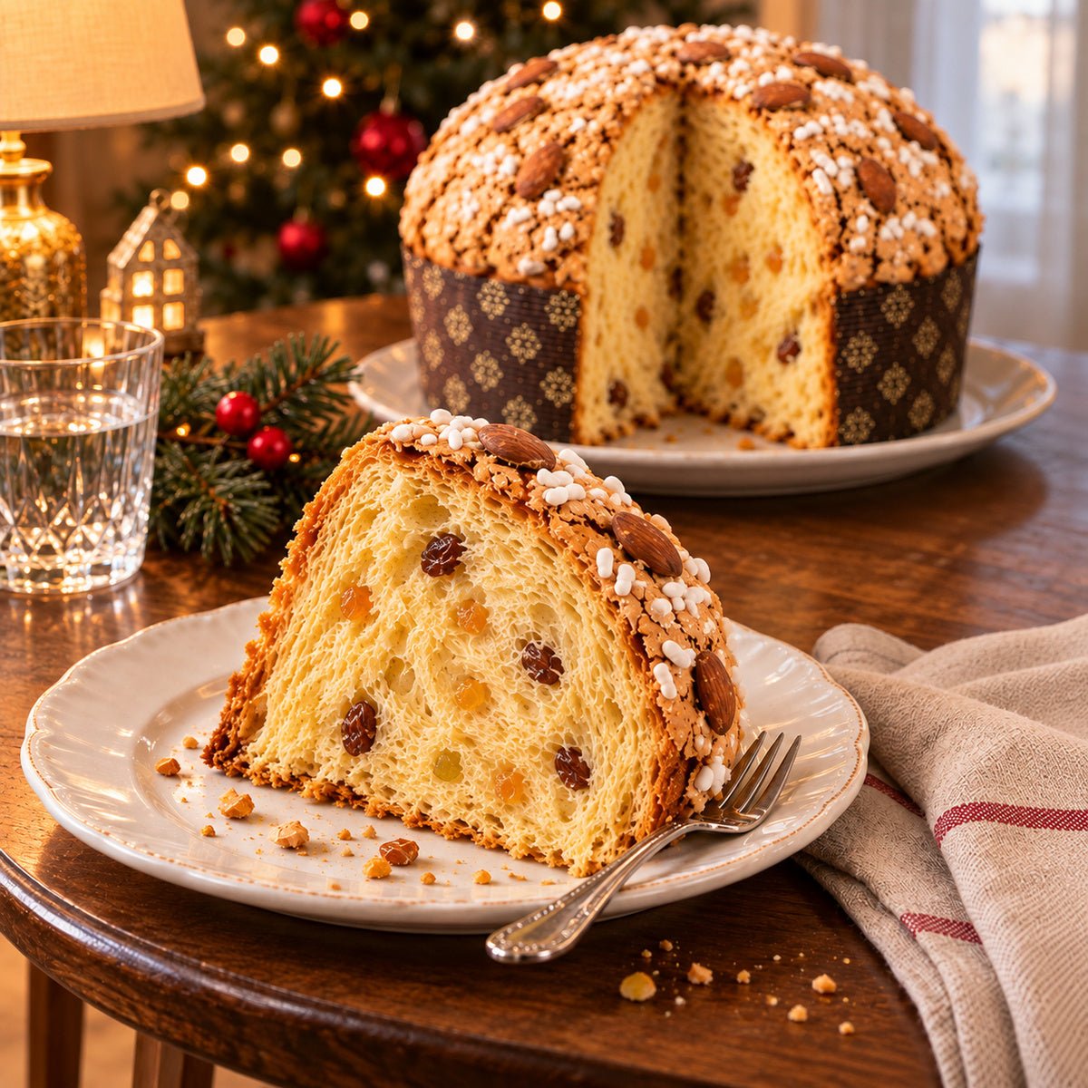 Panettone tradizionale con una fetta in primo piano, accanto al dolce intero.