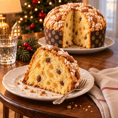 Panettone tradizionale con una fetta in primo piano, accanto al dolce intero.