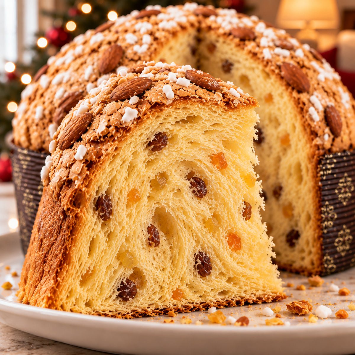 Panettone tradizionale con dettaglio dell’interno e dell’alveolatura.