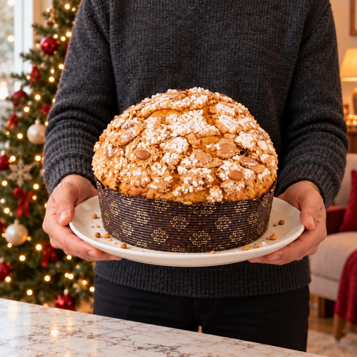 Panettone tradizionale tenuto in mano davanti alla tavola natalizia.