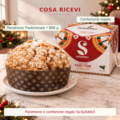 Infografica del contenuto della confezione: panettone tradizionale e scatola regalo.