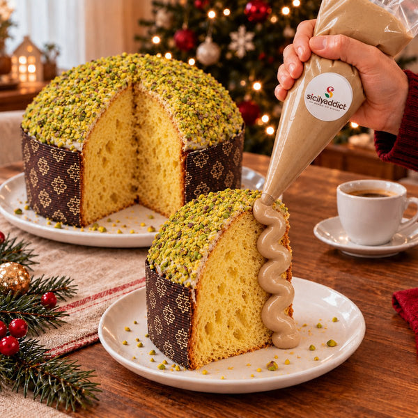 Panettone Tre Meraviglie con crema aggiunta al momento su una fetta.