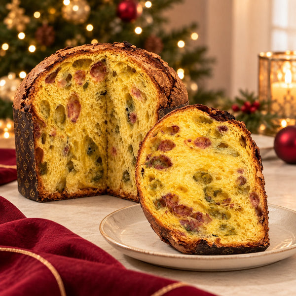 Panettone pistacchio e lamponi Librizzi Deluxe di SicilyAddict, tagliato con fetta su un piatto natalizio