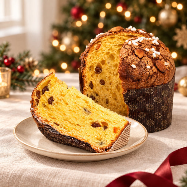 Panettone tradizionale Librizzi Deluxe di SicilyAddict, servito con una fetta su un piatto natalizio