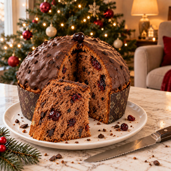 Panettone alle amarene e cioccolato fondente SicilyAddict, tagliato con mollica visibile e fetta.