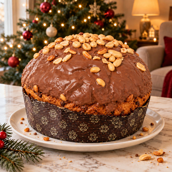 Panettone al caramello, cioccolato e arachidi SicilyAddict, intero.