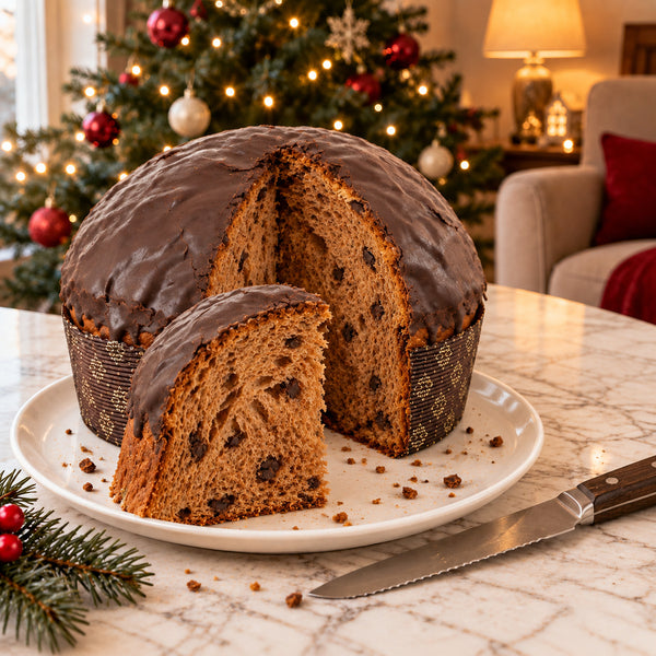 Panettone con gocce di cioccolato fondente SicilyAddict, tagliato con mollica visibile e fetta.