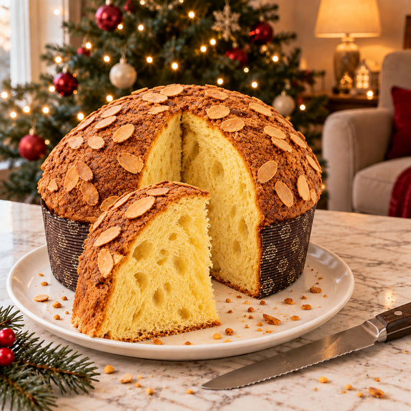 Panettone Pandorato SicilyAddict, tagliato con mollica visibile e fetta.