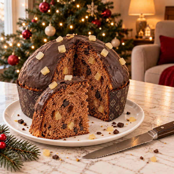 Panettone alla pera e cioccolato SicilyAddict, tagliato con mollica visibile e fetta.