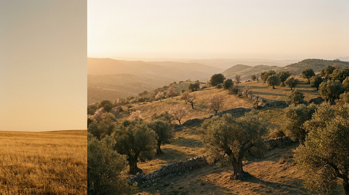 Campagna siciliana dell'entroterra al tramonto: colline, ulivi secolari e muretti a secco