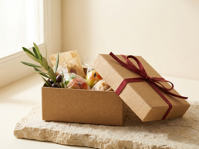 Piccola scatola regalo in cartone kraft con nastro rosso e dolci siciliani incartati, con rametto di olivo