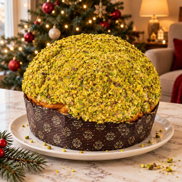 Panettone al pistacchio SicilyAddict intero con copertura e granella di pistacchio, su piatto bianco in ambiente natalizio.