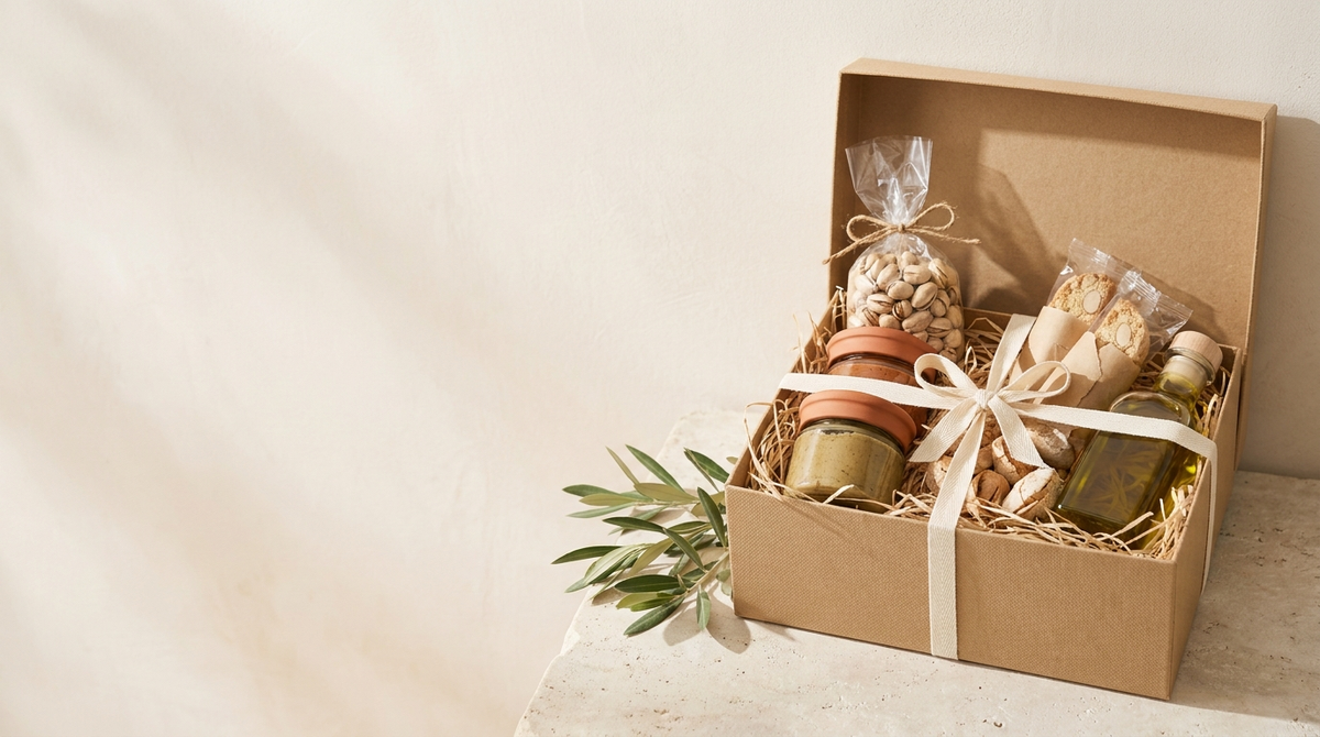 Scatola regalo in cartone kraft con specialità siciliane, paglia naturale e nastro di cotone, su piano di pietra chiara con rametto di olivo