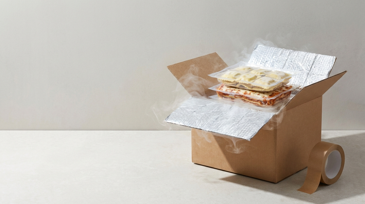 Scatola di spedizione in cartone con interno isotermico argentato, vapore di ghiaccio secco e confezioni sottovuoto all'interno, su piano chiaro