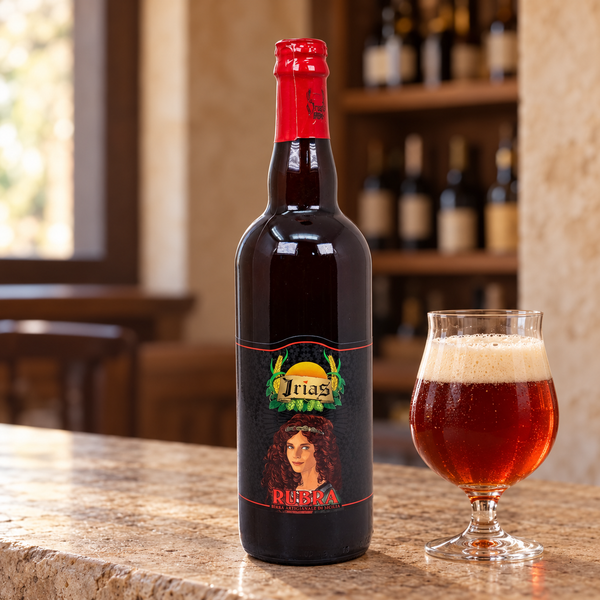 Birra artigianale siciliana Rubra con bicchiere da degustazione nell’ambientazione calda del locale.