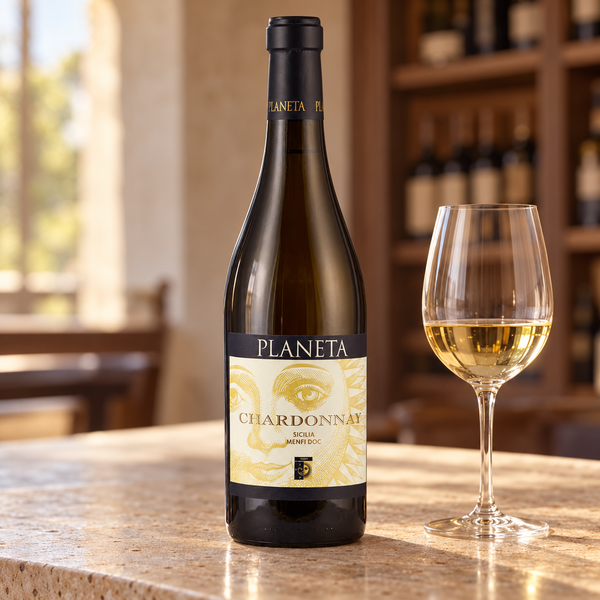 Chardonnay Planeta con calice da degustazione nell’ambientazione calda di un’enoteca.