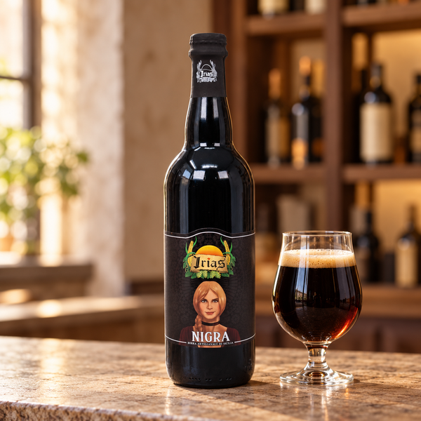 Birra artigianale siciliana Nigra 75 cl con bicchiere da degustazione nell’ambientazione calda del locale.