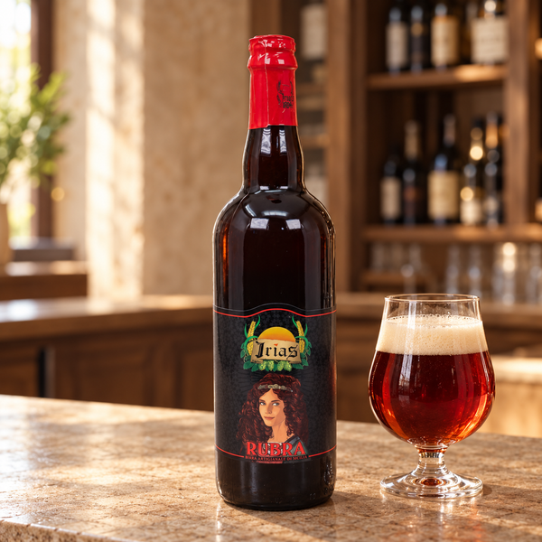 Birra artigianale siciliana Rubra 75 cl con bicchiere da degustazione nell’ambientazione calda del locale.