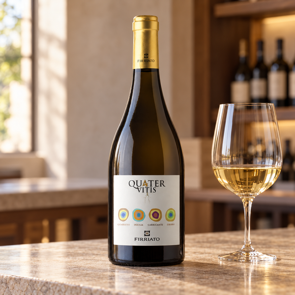 Quater Vitis bianco Firriato DOC con calice da degustazione nell’ambientazione calda di un’enoteca.