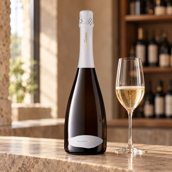 Sua altezza 650 Lombardo IGP con calice da degustazione nell’ambientazione calda di un’enoteca.