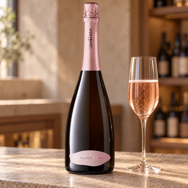 Sua altezza 650 Rosé IGP con calice da degustazione nell’ambientazione calda di un’enoteca.