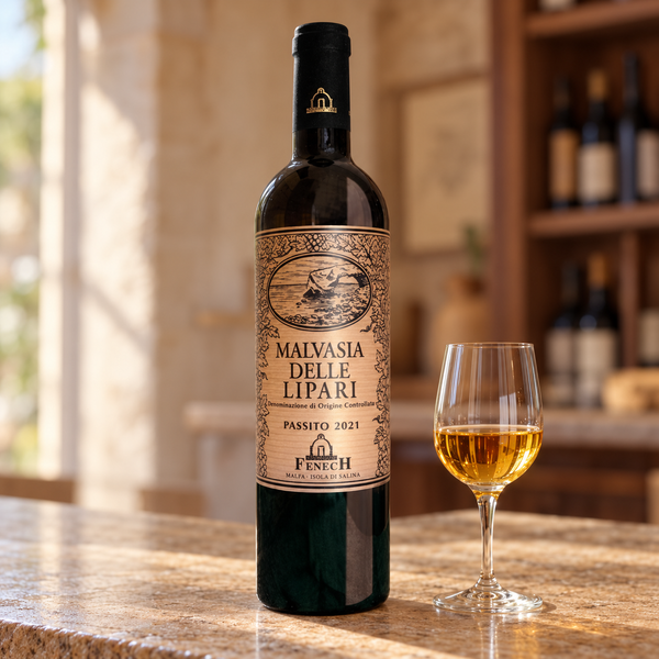 Passito Malvasia delle Lipari DOC con calice da degustazione nell’ambientazione calda di un’enoteca.