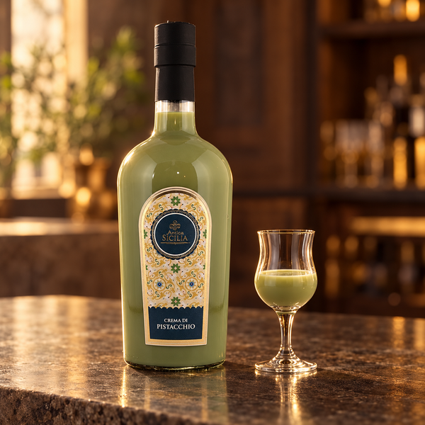 Liquore al pistacchio 50 cl con calice da degustazione, su banco in pietra e luce calda.