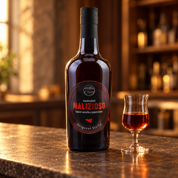 Liquore al peperoncino e cannella 50 cl con calice da degustazione, su banco in pietra e luce calda.