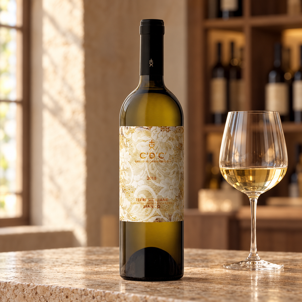 C'D'C' Bianco con calice da degustazione nell’ambientazione calda di un’enoteca.