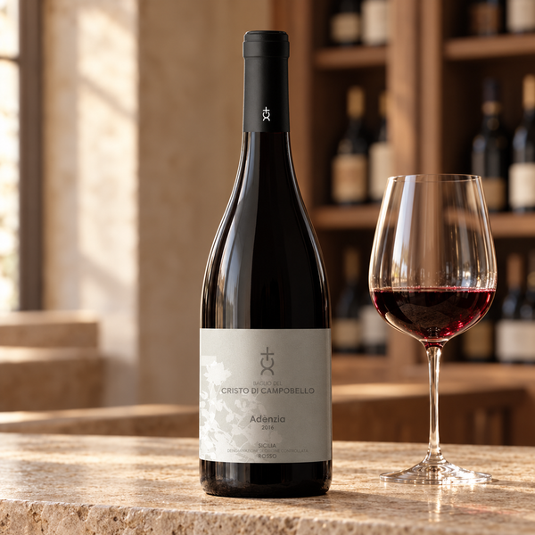 Adenzia Rosso con calice da degustazione nell’ambientazione calda di un’enoteca.