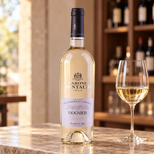 Viognier con calice da degustazione nell’ambientazione calda di un’enoteca.